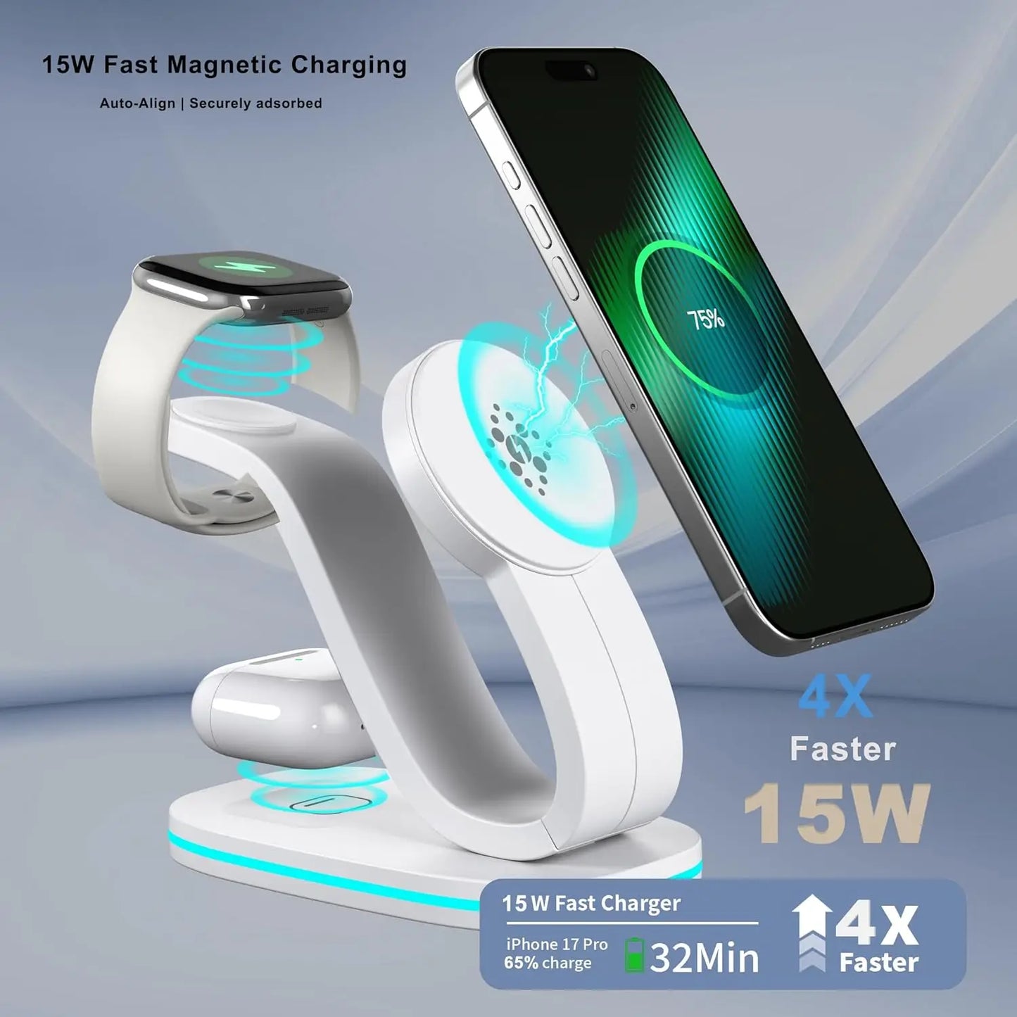 3-in-1 Fast 15W Wireless Charging Station for iPhone 17 16e 16 15 14 13 12 11 X Pro Max, Apple Watch, AirPods, 35W Adapter Included, White