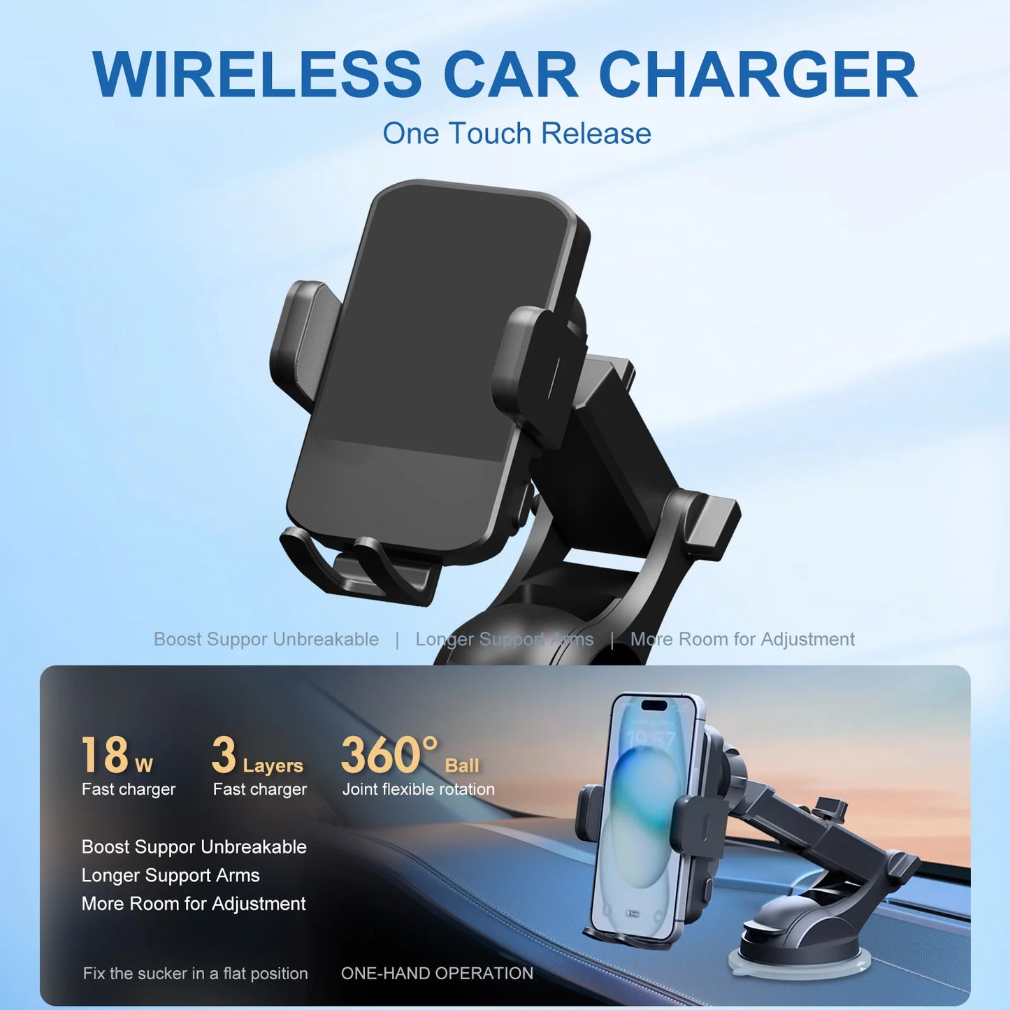 Wireless Car Charger Phone Holder 15W Fast Charge Station Mount Phone For IPhone 16 15 14 13 12