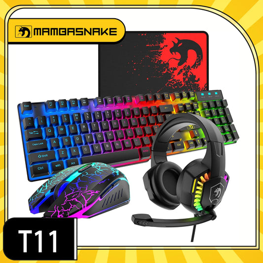 MANBASNAKE T11 Wired Gaming Keyboard and Mouse Headset Combo,Rainbow LED Backlit Wired Keyboard