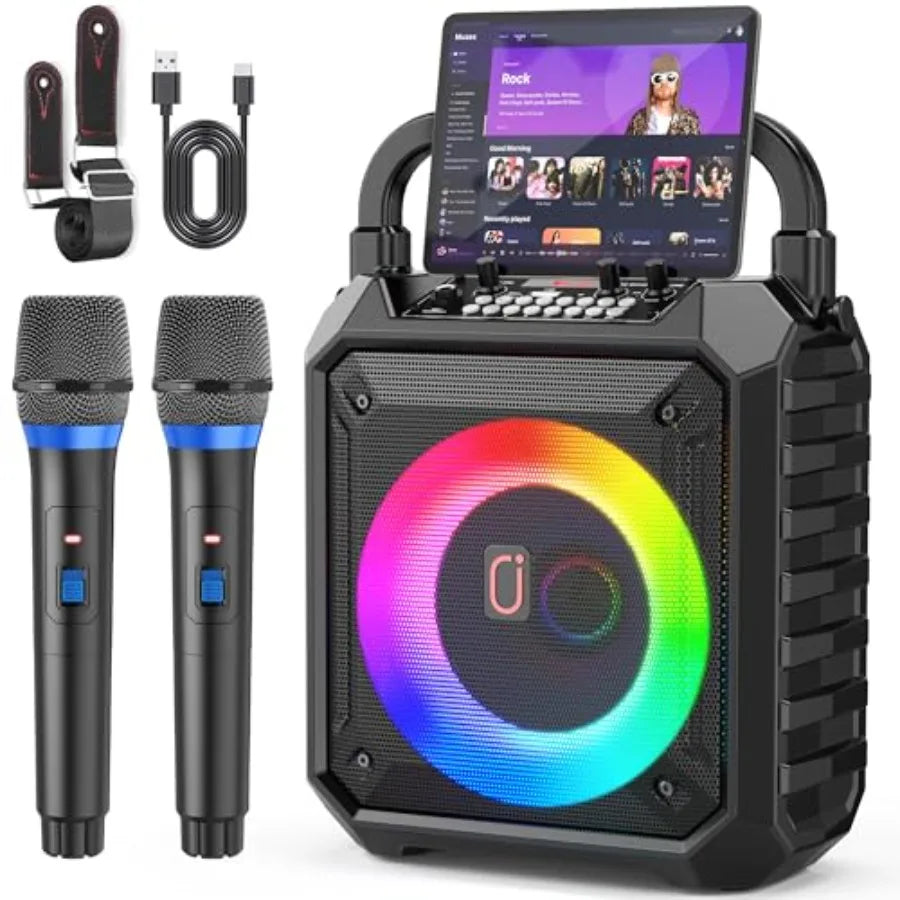 Karaoke Machine for Adults and with 2 Wireless Microphones, Portable Bluetooth Speaker with LED Lights, Supports USB/TF Card/AU