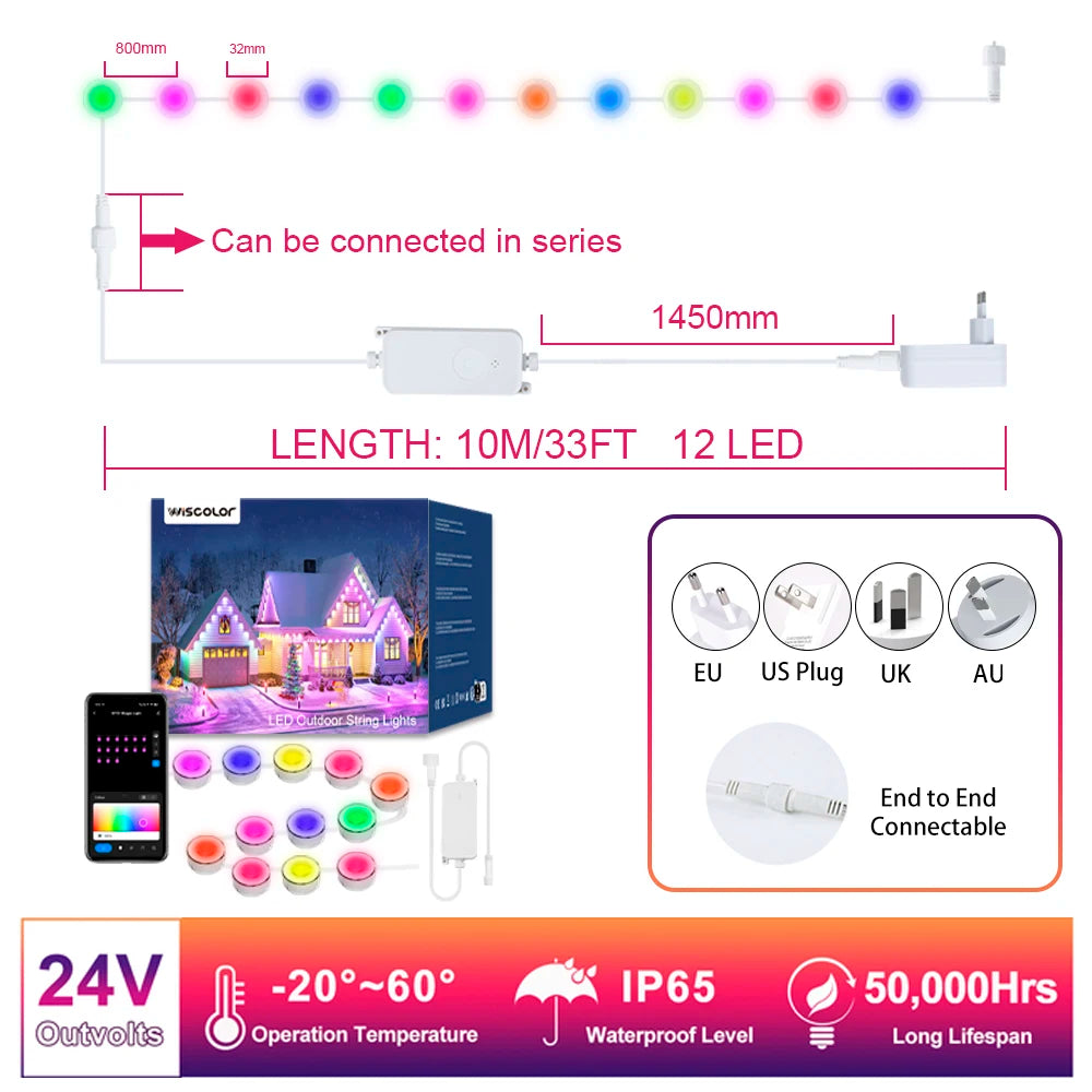 100ft RGBIC Eave Lights Smart Outdoor Waterproof Smart LED Light String DIY Christmas Decorations Light Permanent Outdoor Lights