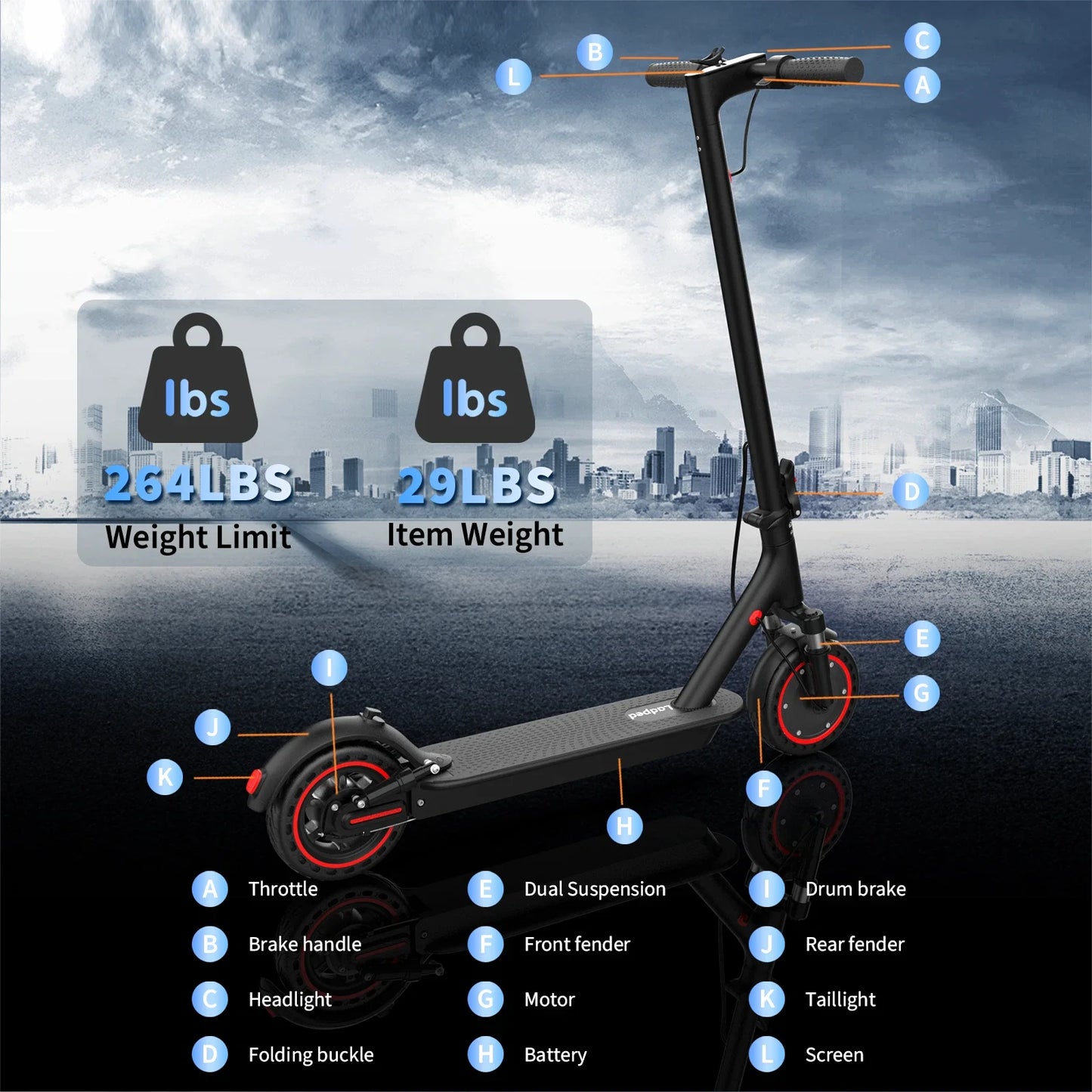 Electric Scooter 10.5Ah 19mph APP Smart Control Scooter 8.5inch 16miles Max Range