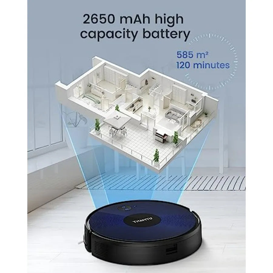 Robot Vacuum and Mop Combo for Hard Floors and Medium-Pile Carpets, Black Plastic, 100Min Runtime, Ultra-Thin Design with Tangl