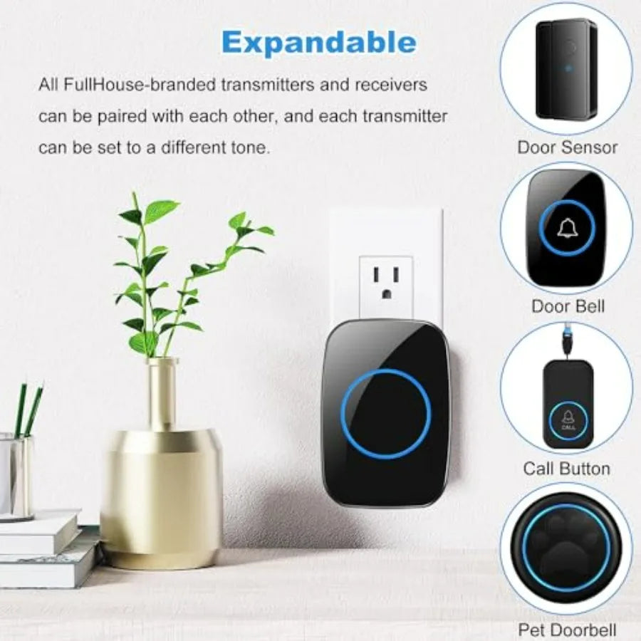 Wireless Doorbell, FullHouse Waterproof Door Bell Kit, Distinguish front and rear doors, Over 1000 feet Range and 60 Chime, 5 L