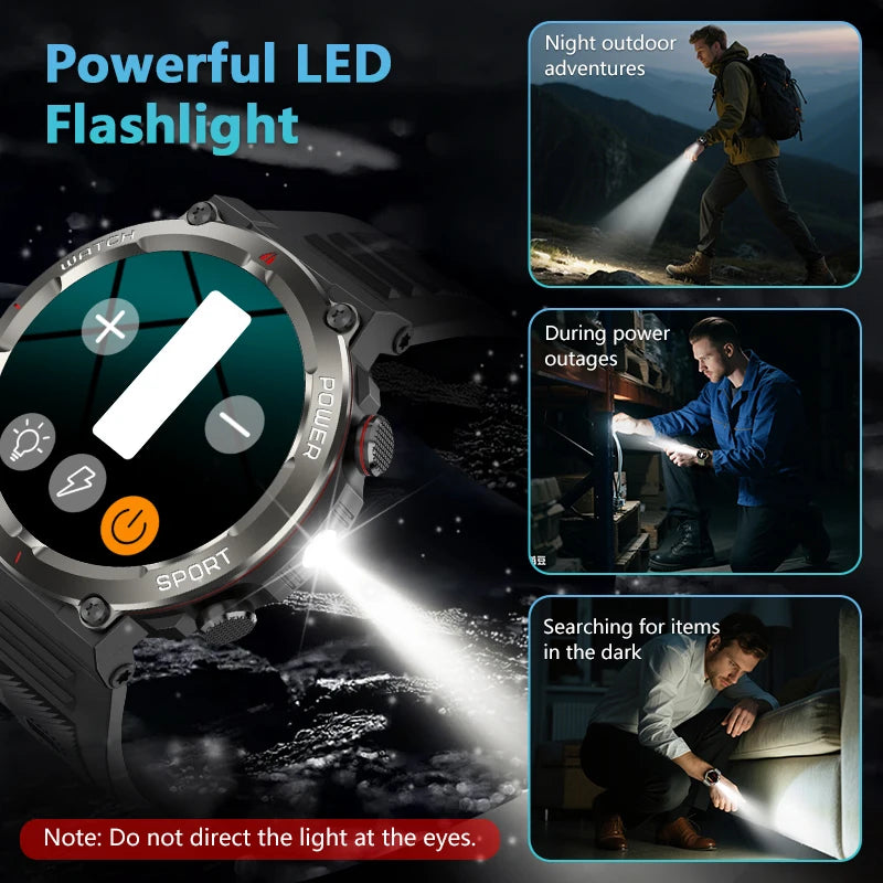 Pro Outdoor Smart Watch with Flashlight 960mAh Large Battery Life Bluetooth Call Sport Watches for Man Woman Gifts