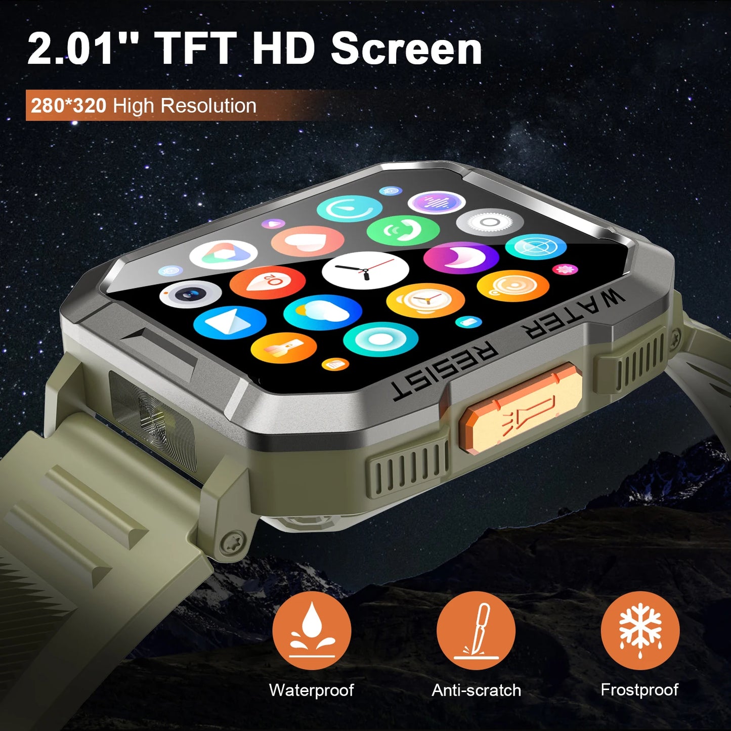 Waterproof Smart Watch 2.01'' HD Display 900mAh Large Battery Smartwatch with Emergency Lighting for Women Men