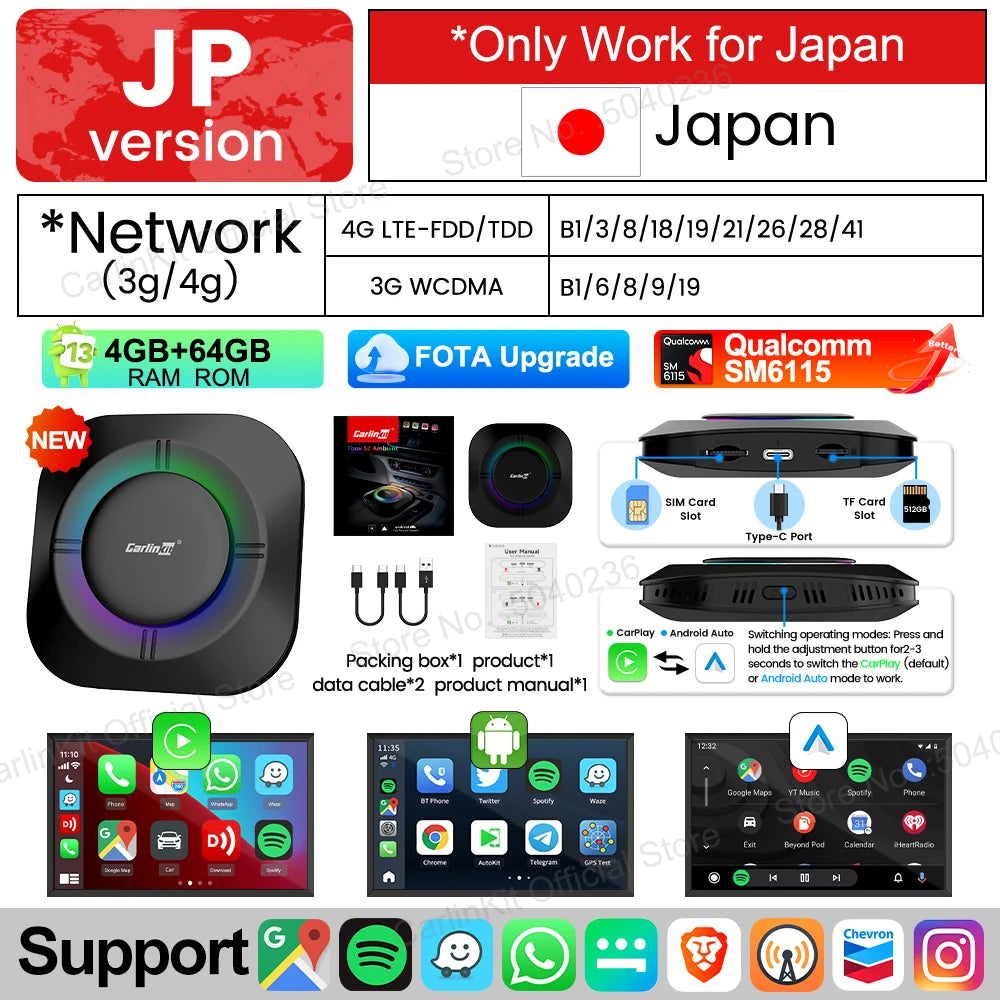 CarlinKit S2 CarPlay Ai Box LED Android 13 Streaming Box 64G
