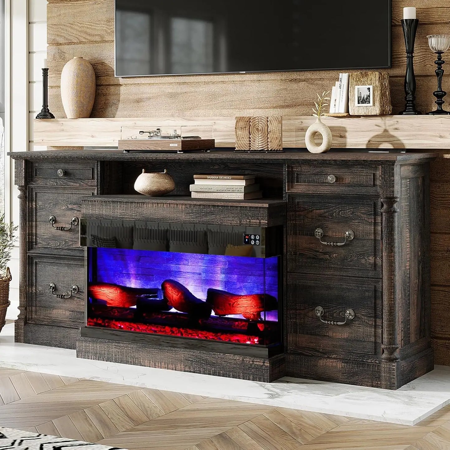 36 inch 3-Sided Glass Fireplace, 75 inch Large TV Console,