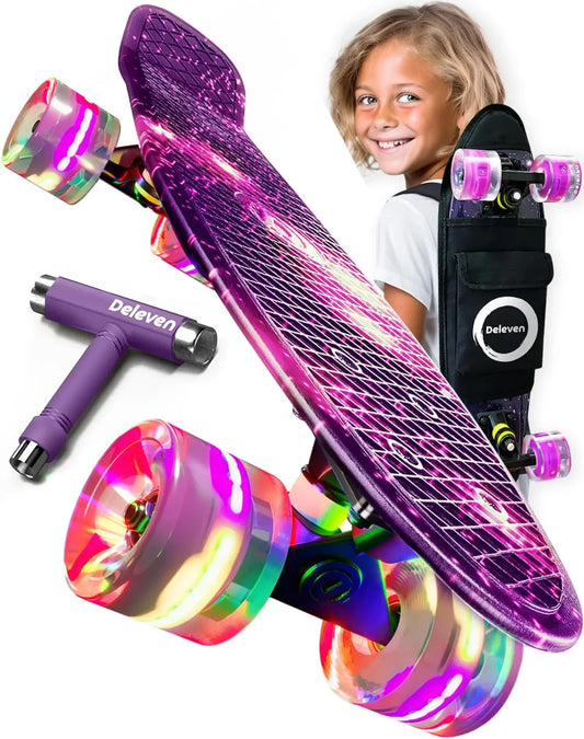 22" LED Skateboard with Tool, ABEC 7 Bearings - Mini Cruiser for Kids and Adults