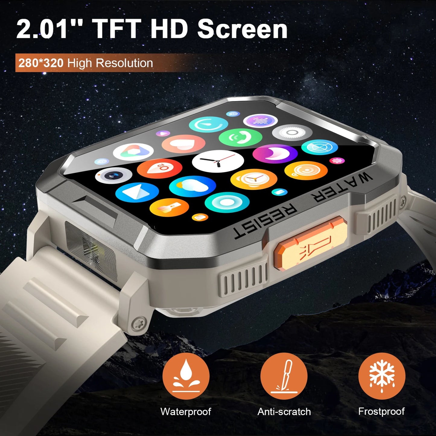 Waterproof Outdoor Sport Smart Watch with Emergency Lighting 2.01'' Display Bluetooth Women Men