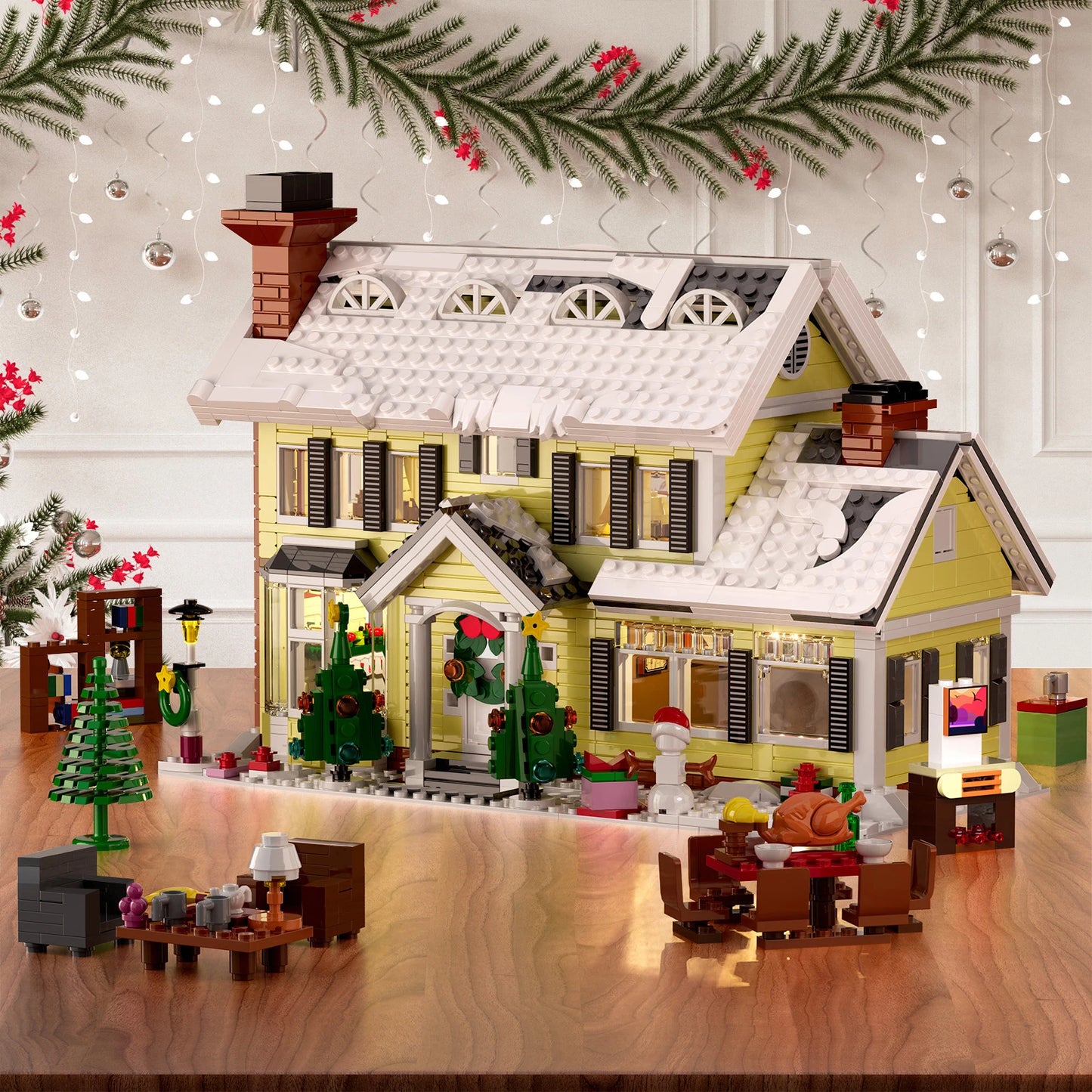 Christmas Holiday House Building Set, LED DIY Christmas Holiday Snow Village Bricks Gifts for Boys, Girls, Family, and Friends