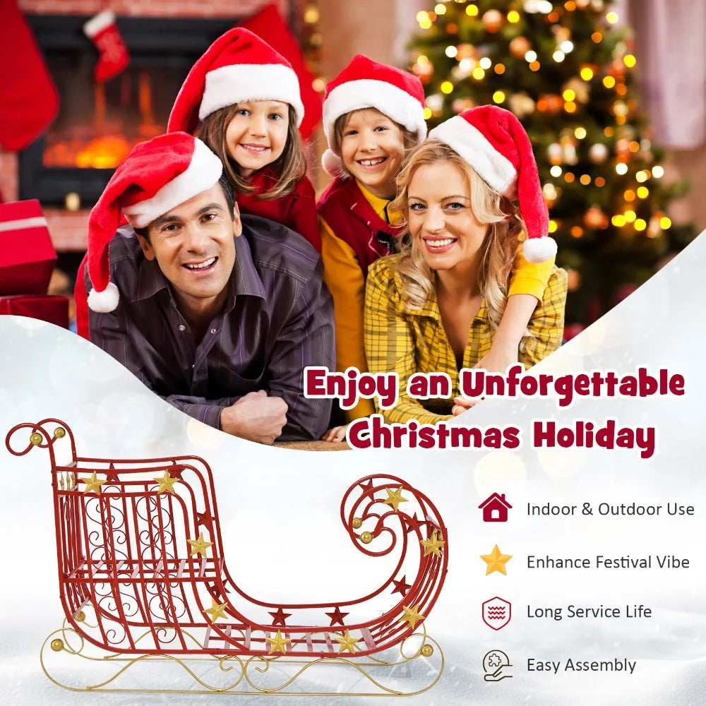 Red Santa Sleigh w/ Large Cargo Area for Gifts Metal Christmas Holiday Decor