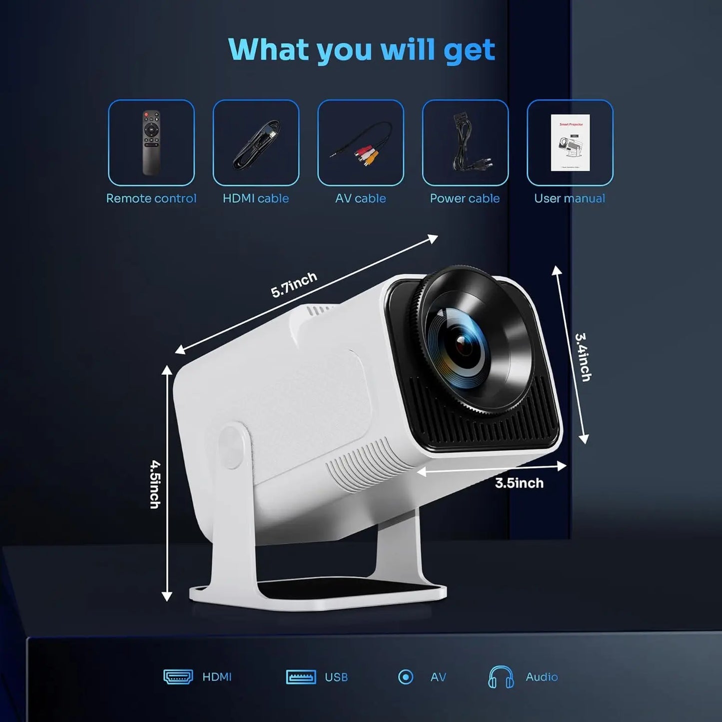Smart Projector Native 1080P Support 4K,  HD Brightness, Android 11.0, WiFi 6, Auto