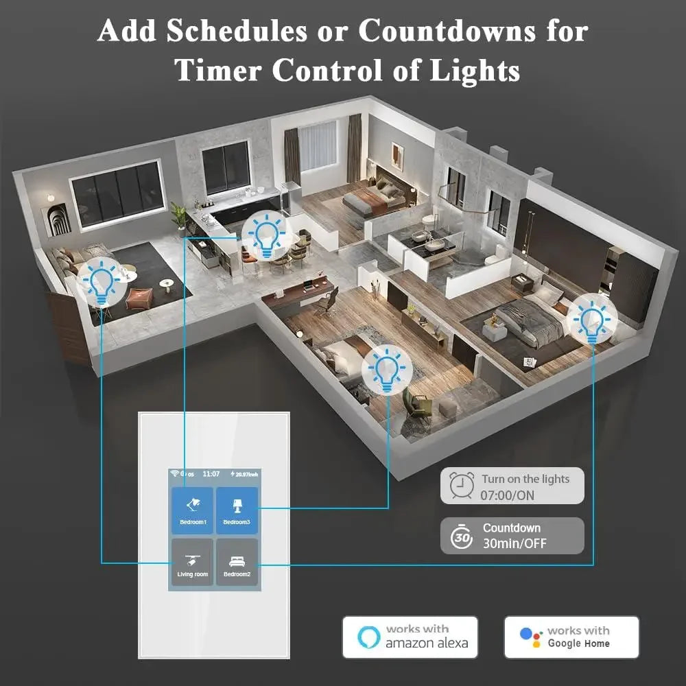 Smart Light Switch L8-HS4 4 Gang Touchscreen WiFi Switch APP Control Timer Voice Control