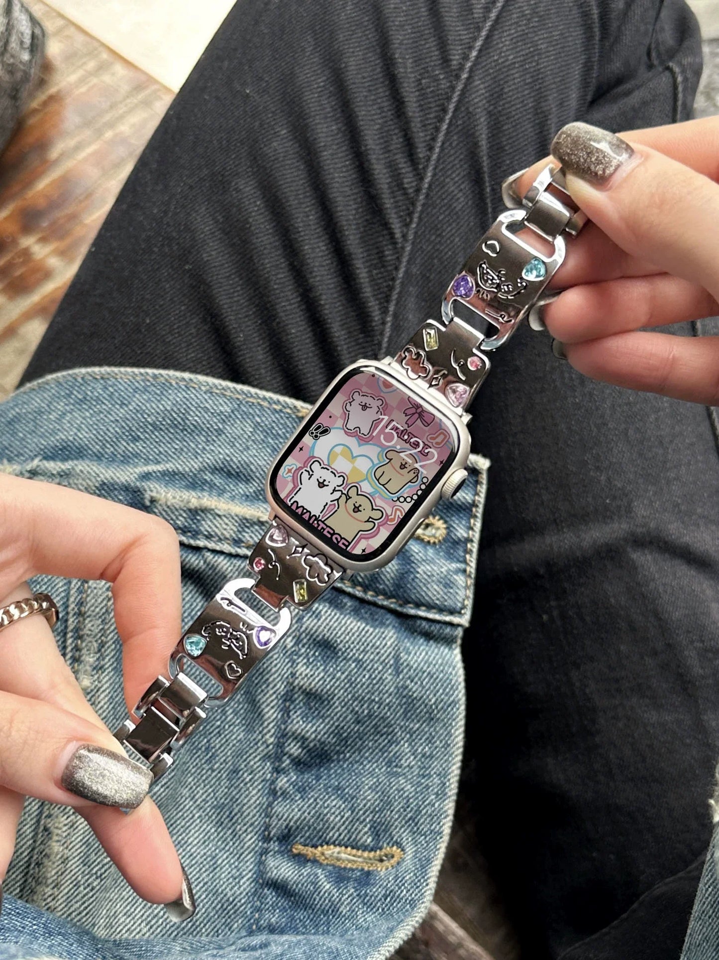 Cute Cat Glossy Metal Band For iWatch Ultra 10 9 8 7 42 45mm 46mm 49mm Diamond Bracelet Strap For Apple Watch 38mm 41mm 6 5 SE 4