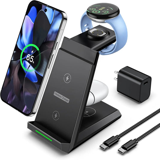 3-in-1 Wireless Charger Stand for Google Pixel 10/10 Pro/9/Fold, Buds Pro 2/Pro, Watch 3/2, Fitbit Versa 4/Sense 2