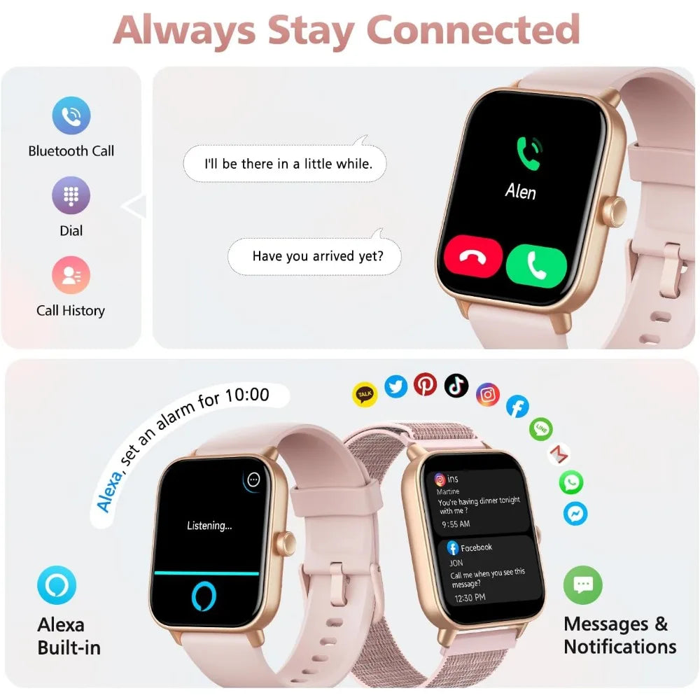 Smart Watches: Fitness Tracker, Call/SMS, Heart Rate, SpO2, Stress, Sleep, 100+ Modes, Waterproof, 2 Bands
