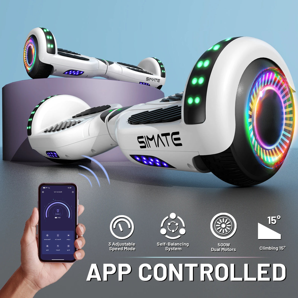 SIMATE Hoverboard With Bluetooth All Terrain LED Lights and APP Control, Gifts for Kids Adults Girls Boys, for All Ages, Self Balancing Scooter