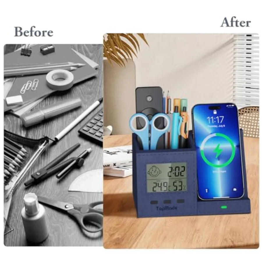 Wireless Charger with Pen Holder, PU Leather Desk Nightstand Organizer Fast Charging Station, Home Office Supplies Pencil Holde
