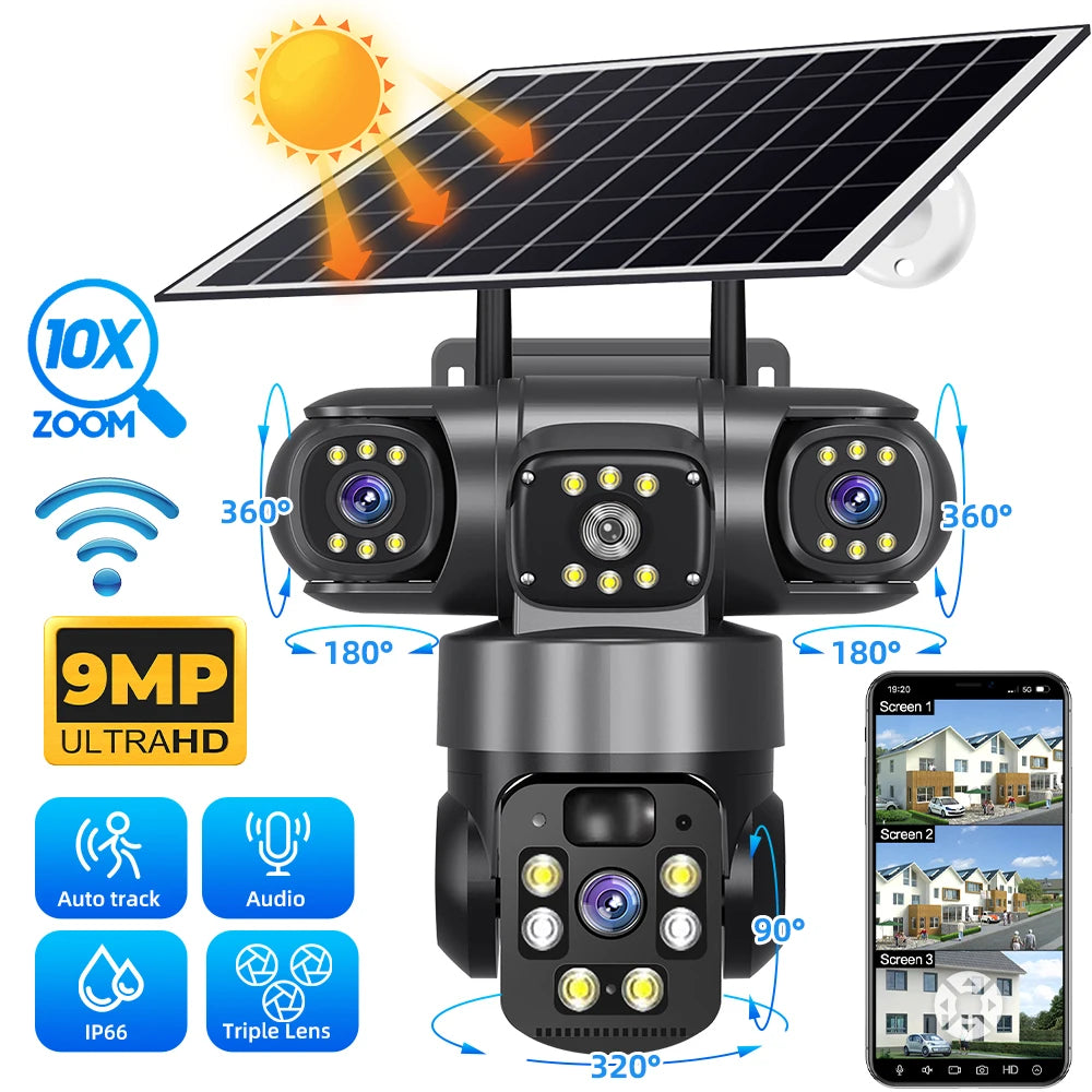 9MP Full HD Solar WiFi Camera 3 Screen Detect Camera Surveillance Night Vision Security Protection