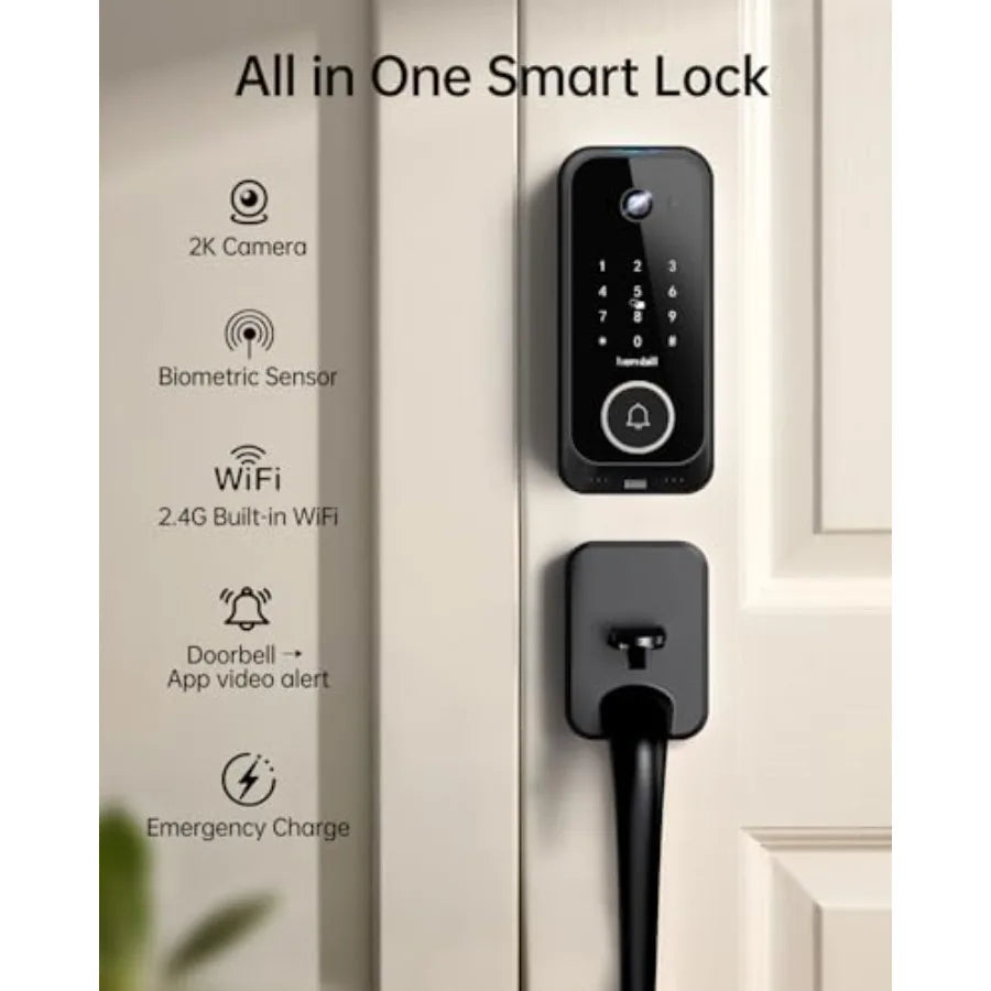 Video Smart Lock for Home Use: 2K Camera + Ring + Doorbell + Fingerprint, WiFi Deadbolt 2.4G only,Two-Way Audio, App Remote Con