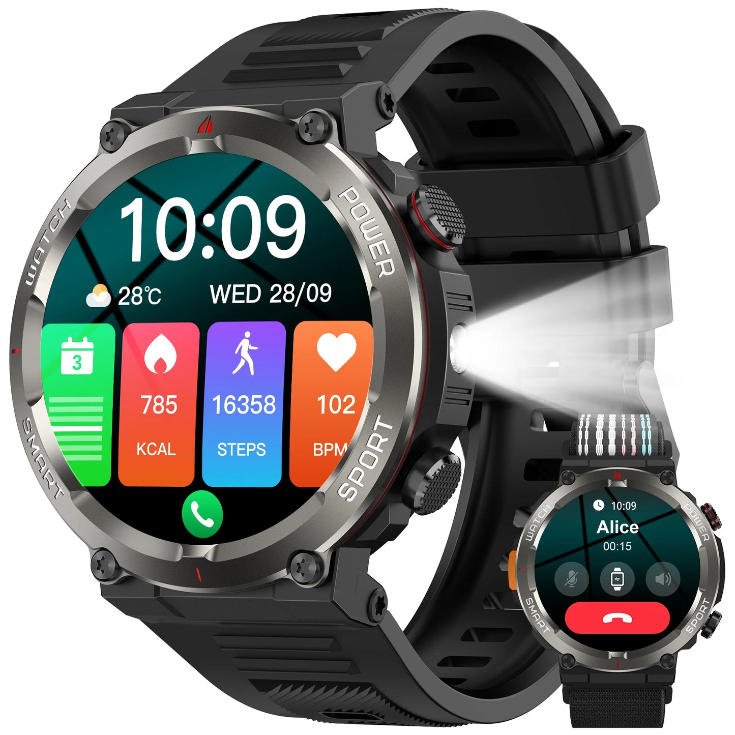 Pro Outdoor Smart Watch with Flashlight 960mAh Large Battery Life Bluetooth Call Sport Watches for Man Woman Gifts