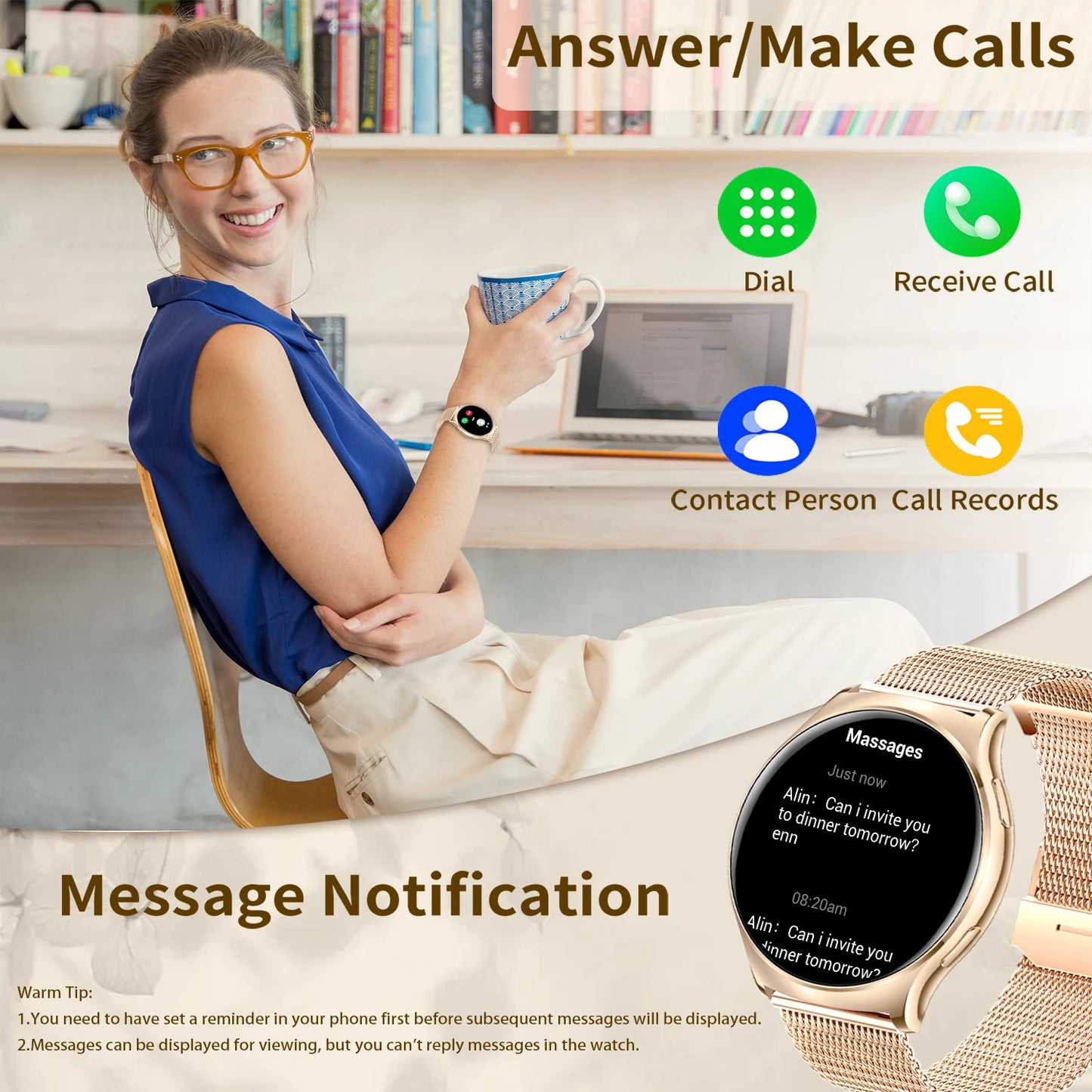 Smart Watches(Answer/Make Calls),1.43" Large Screen Fitness Tracker For iPhone/Android,Pedometer/Message Alerts,Gift for Family