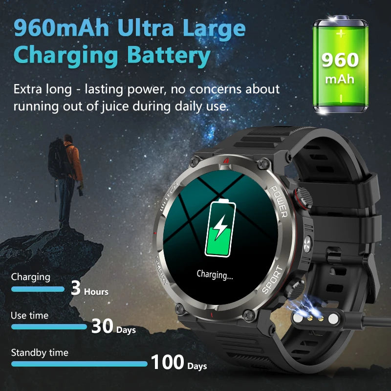 Pro Outdoor Smart Watch with Flashlight 960mAh Large Battery Life Bluetooth Call Sport Watches for Man Woman Gifts