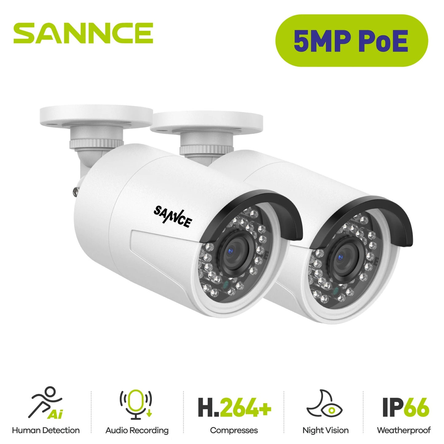 2PCS Ultra HD 5MP POE Camera Outdoor Indoor Weatherproof Security Network Bullet