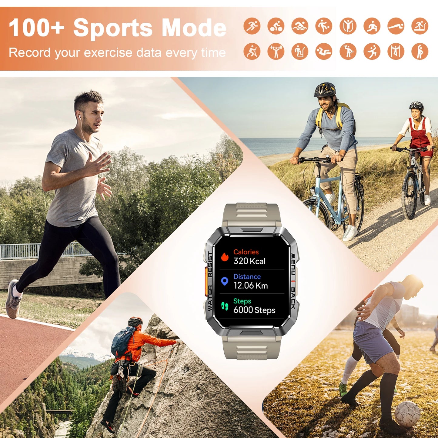 Waterproof Outdoor Sport Smart Watch with Emergency Lighting 2.01'' Display Bluetooth Women Men