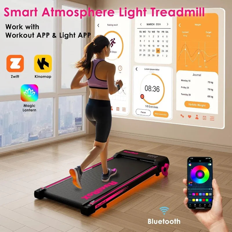 Walking Pad Treadmill with Handle Bar, Incline and Lights,