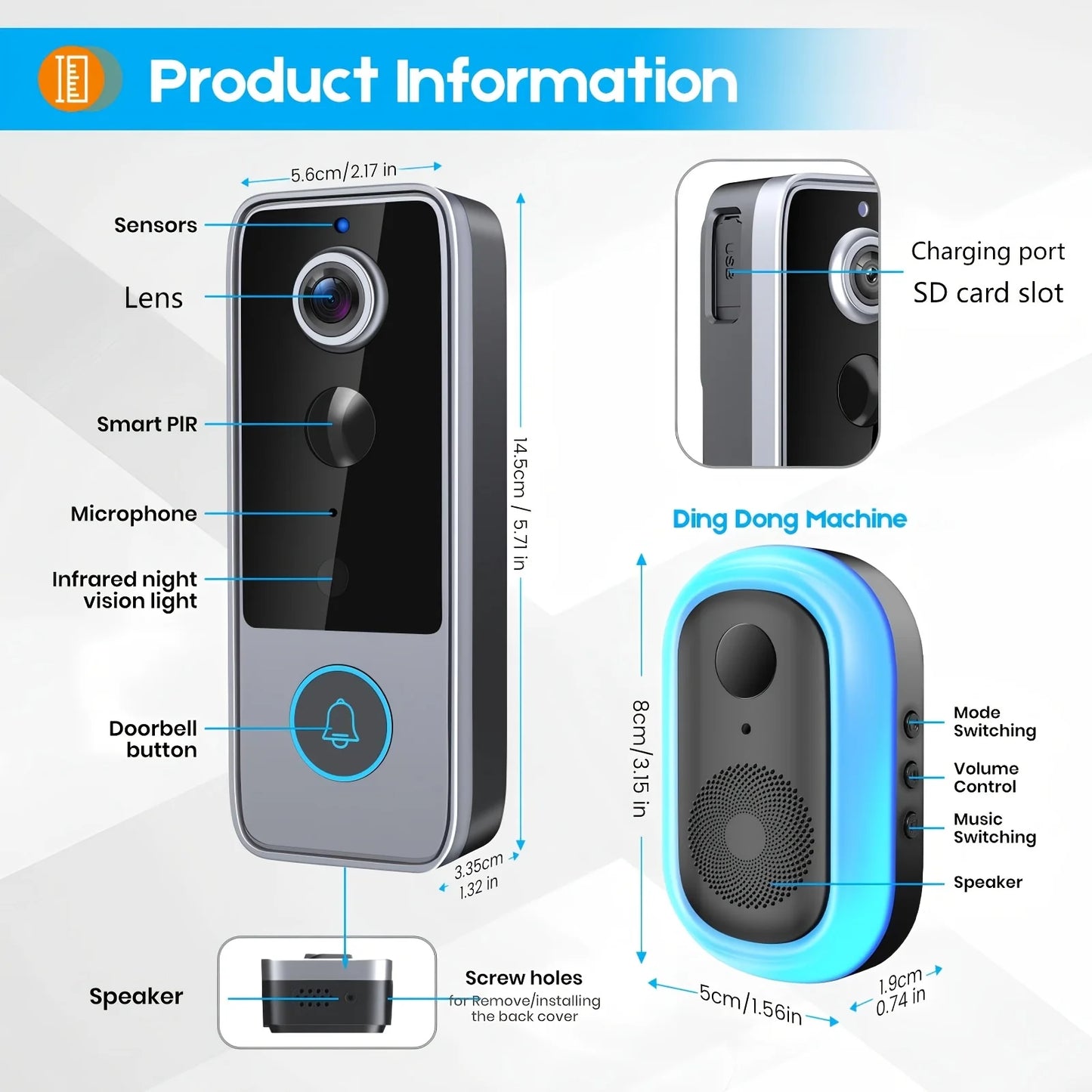 Wireless Smart Video Doorbell, 1080P Video Doorbell, 4000Mah Battery Power Supply, IP65, Intelligent Detection, Active Wake-Up, Night Vision, SD Card Video Storage, No Need to Purchase Cloud Storage, Home Indoor And Outdoor M
