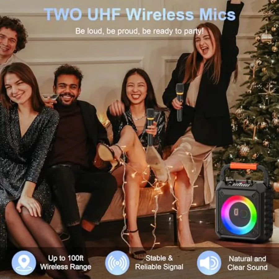 Karaoke Machine for Adults and with 2 Wireless Microphones, Portable Bluetooth Speaker with LED Lights, Supports USB/TF Card/AU