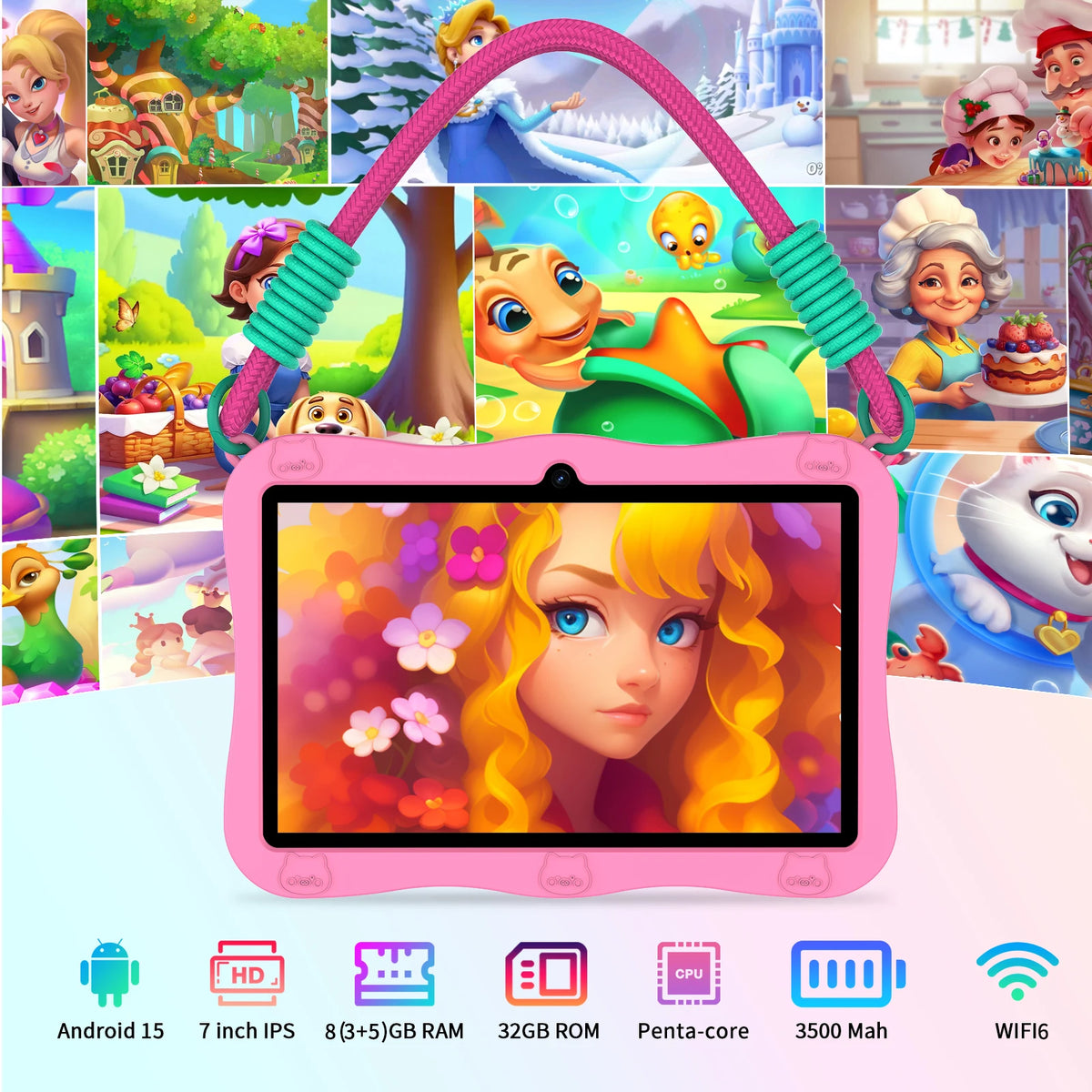 PRITOM 7-inch Tablet for Kids, 8GB(3+5GB expand) RAM + 32GB ROM Android 13Toddler Tablet, Pre-Installed iWawa, Parental Controls, Supports Bluetooth and WiFi