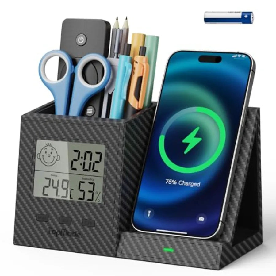 Wireless Charger with Pen Holder, PU Leather Desk Nightstand Organizer Fast Charging Station, Home Office Supplies Pencil Holde
