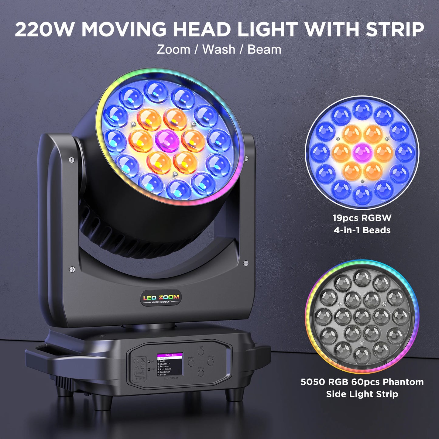 4Pcs 220W Moving Head Lights With Strip 19X8W RGBW LED Beam Wash Zoom Stage Lights
