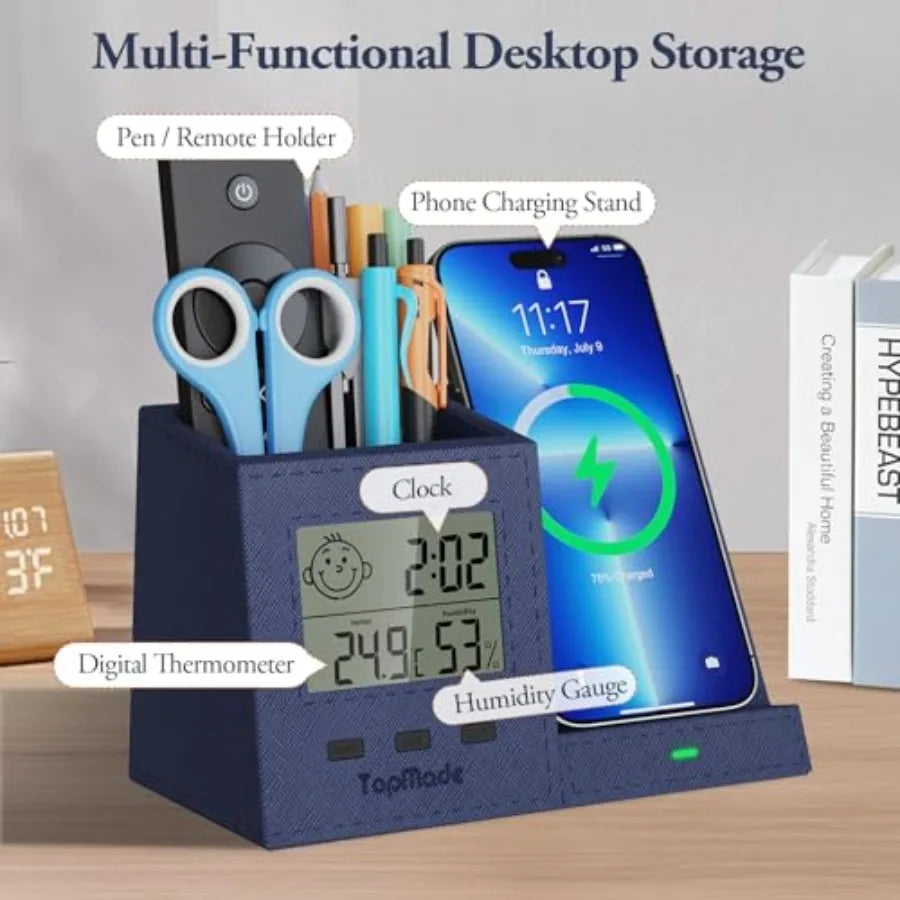 Wireless Charger with Pen Holder, PU Leather Desk Nightstand Organizer Fast Charging Station, Home Office Supplies Pencil Holde