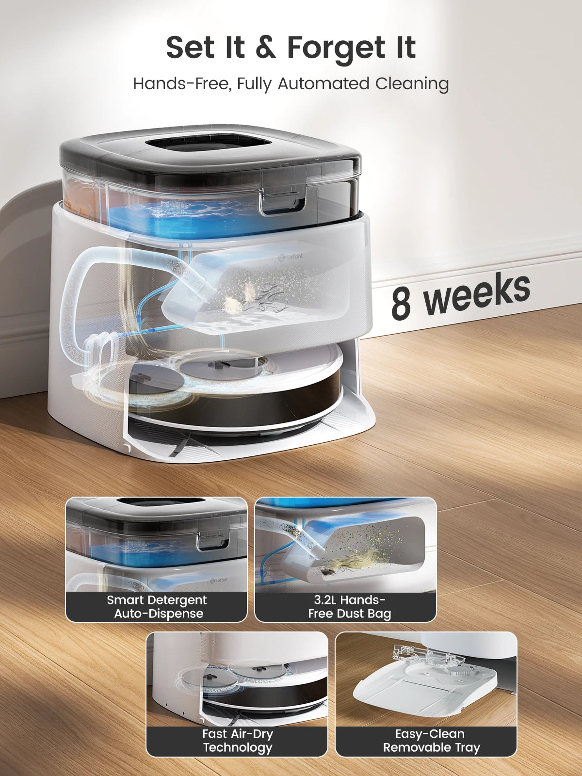 Lefant M3L Robot Vacuum Cleaner and Mop, 10000Pa Suction, 90-Day Self-Emptying, Auto Mop Washing, Obstacle Avoidance, All-in-One for Pet Hair Carpet, 5G WiFi Alexa/APP/iWatch ,Control, 220 min Battery,  Double Rotary Cloth