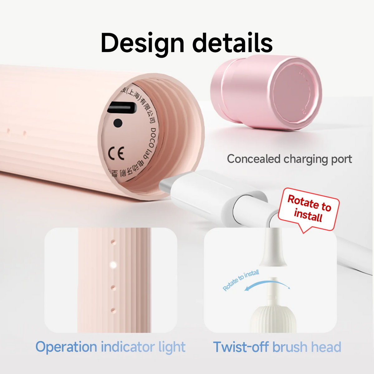 DOCO LAB Wave Electric Toothbrush Oscillation Vibration Sonic Electric Toothbrush for Adults USB-C Rechargeable Smart 6 Modes Long Battery Life with 5 Brush Heads