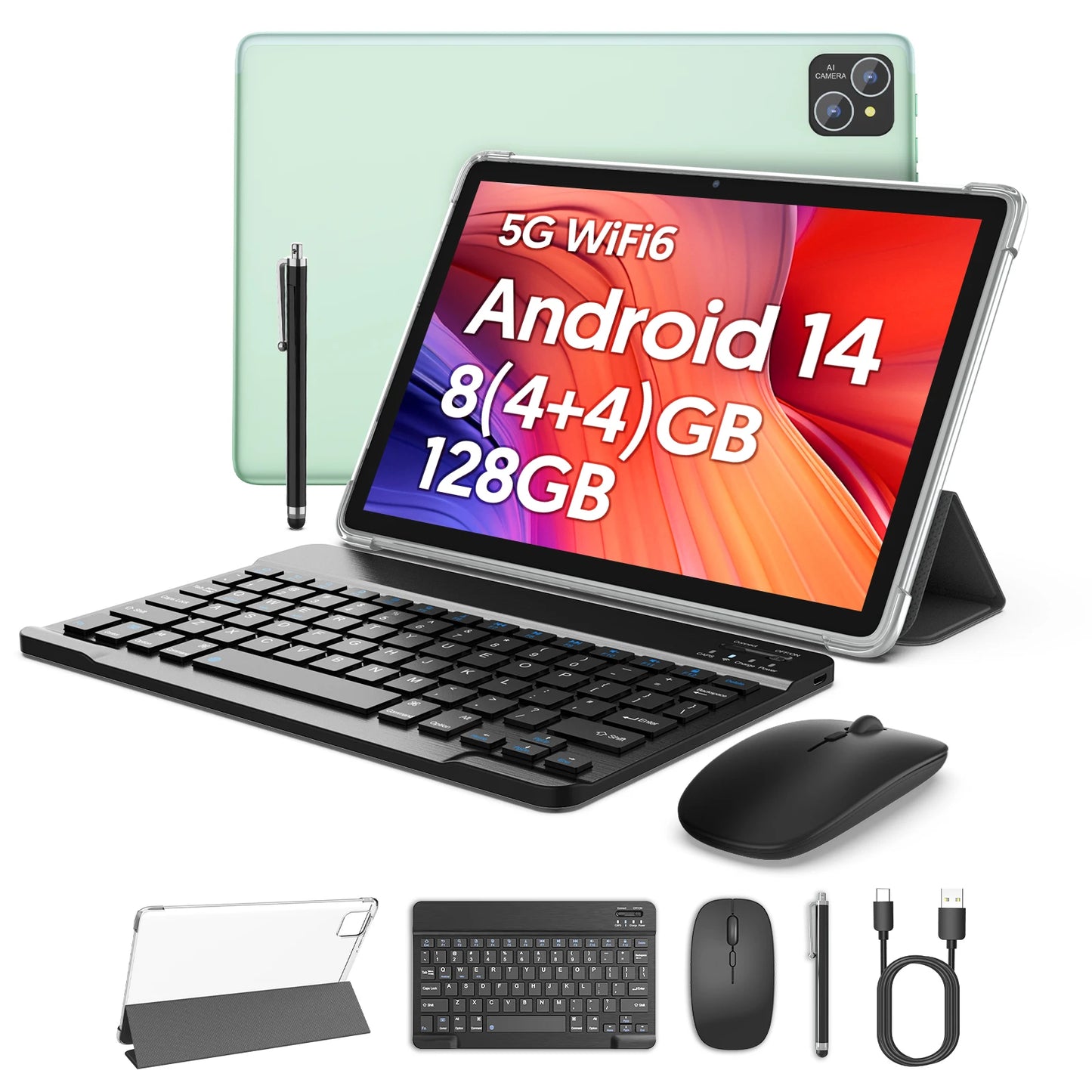 10-inch Android 14 tablet with keyboard, mouse, protective case, stylus, core processor,