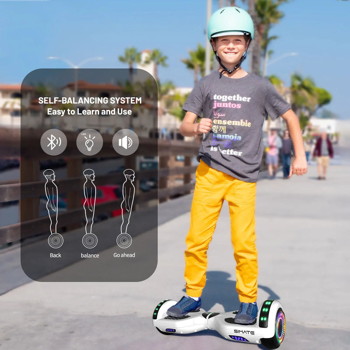SIMATE Hoverboard With Bluetooth All Terrain LED Lights and APP Control, Gifts for Kids Adults Girls Boys, for All Ages, Self Balancing Scooter