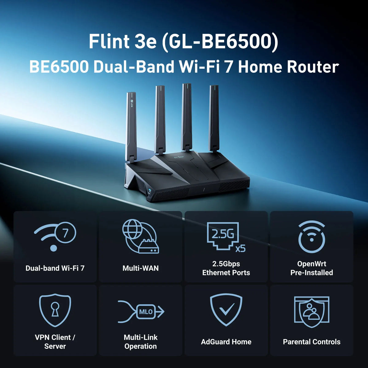 GL.iNet GL-BE6500 (Flint 3e) Dual-band Wi-Fi 7 Home Router 5× 2.5G Ports Robust VPN Capabilities and Parental Controls