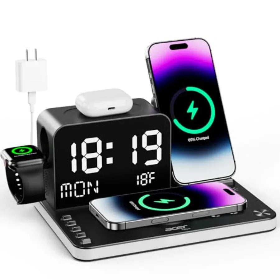 7-in-1 Wireless Charging Station with LED Clock - 30W Fast Wireless Charger for iPhone 16/15/14/13/12/Pro Max Apple Watch AirPo