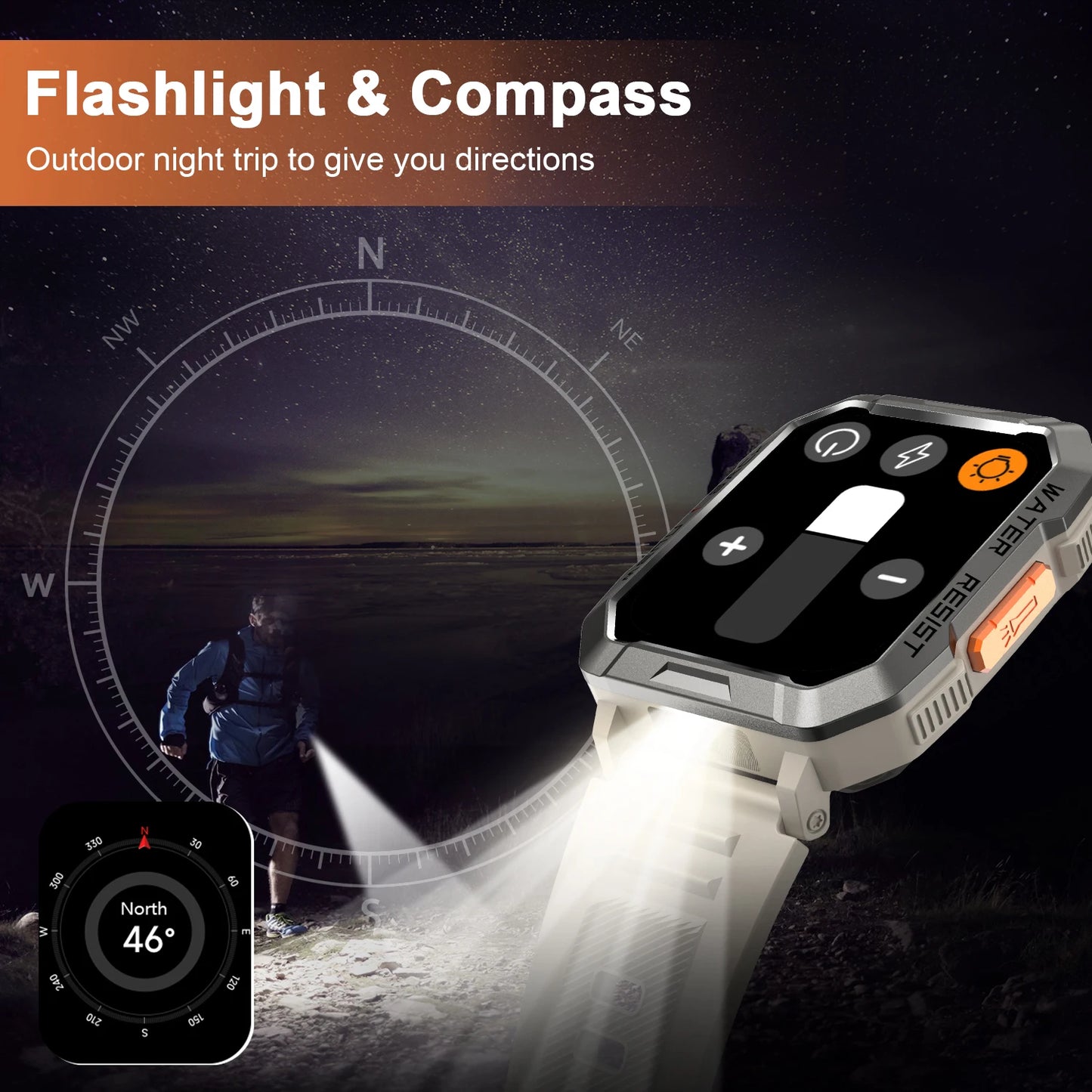 Waterproof Outdoor Sport Smart Watch with Emergency Lighting 2.01'' Display Bluetooth Women Men