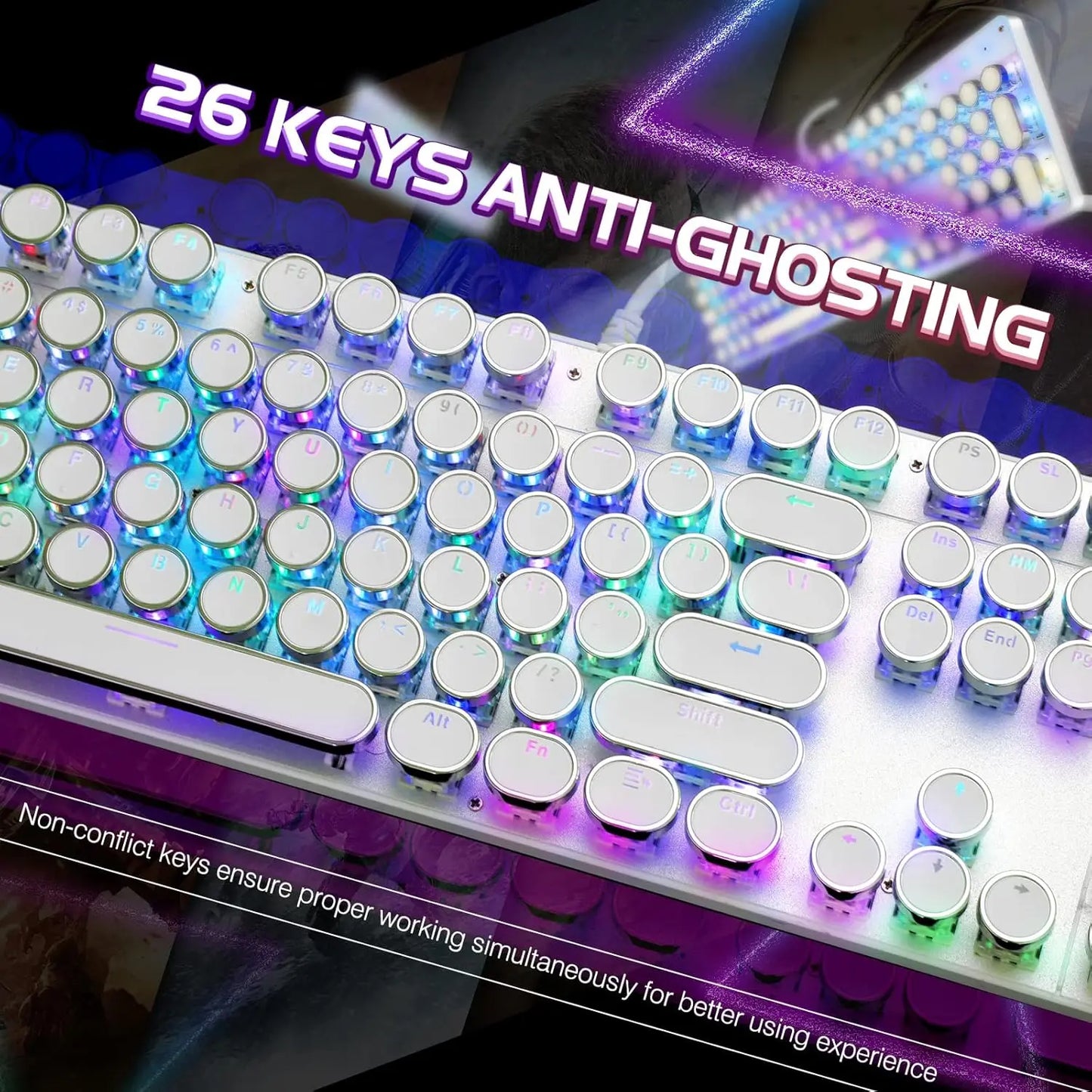 Typewriter Style Mechanical Gaming Keyboard RGB Backlit Wired Blue Switch 104 Keys White