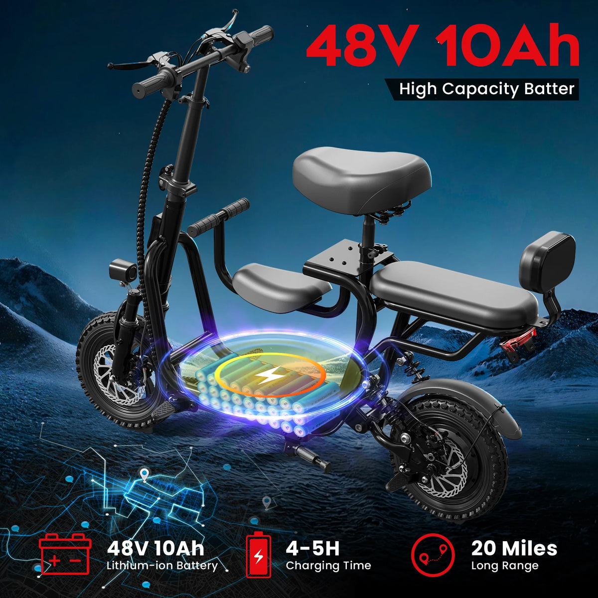 EILLEO Spacewalk 48V Electric Scooter with Seat for Adults, 750W Peak Motor, 18.75MPH Top Speed & 20 Mile Long Range, 14" Pneumatic Tires & Dual Disc Brakes, Foldable with Removable Seat & LCD Display