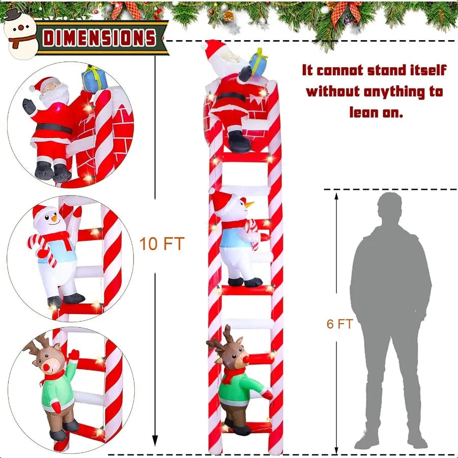 10FT Christmas Iatable Decoration Giant Lighted Ladder to Chimney Climbed with Reindeer