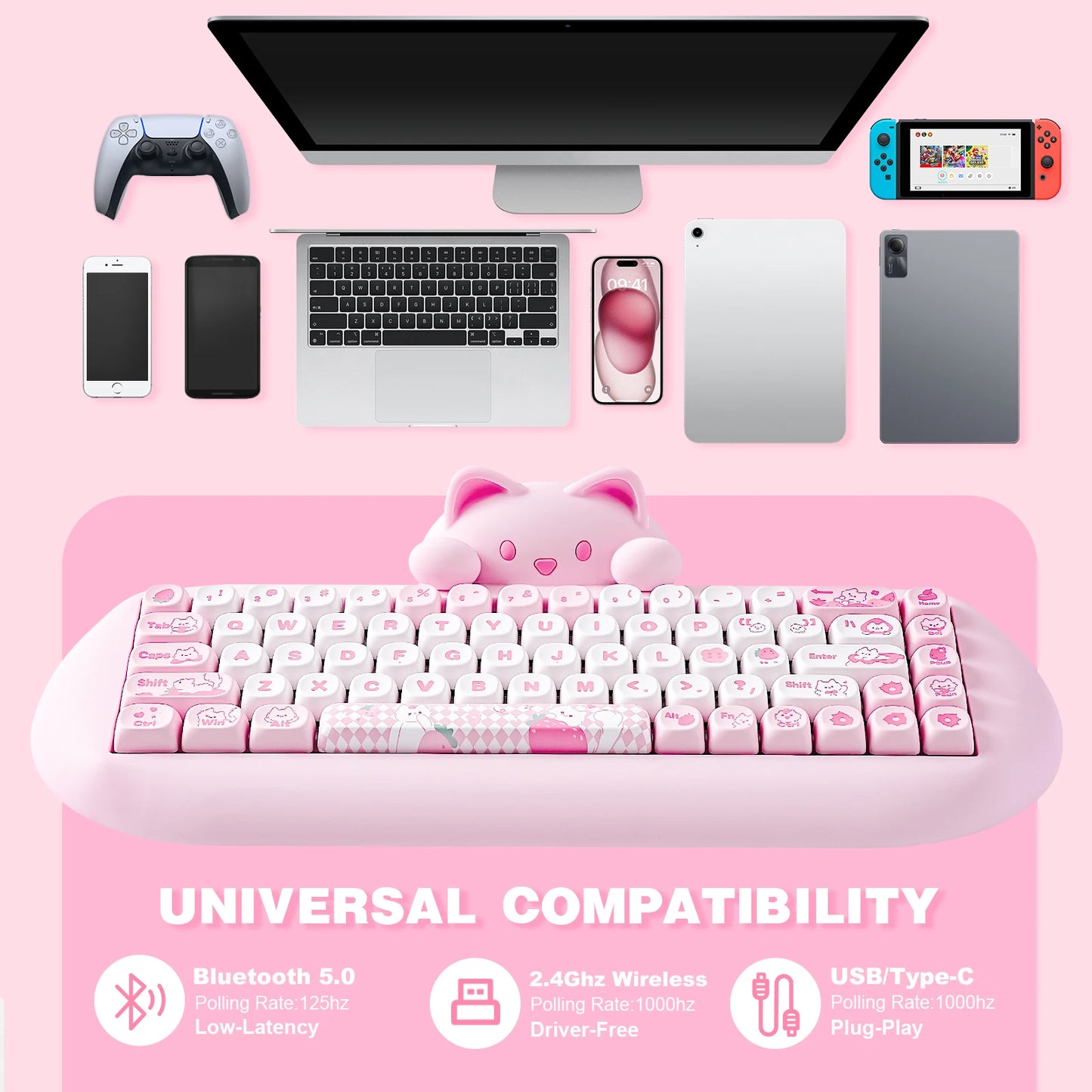 Wireless Gaming Keyboard, Hi-Fi Cute Cat Custom RGB Mechanical Keyboard, Silicone 65% Hot Swap