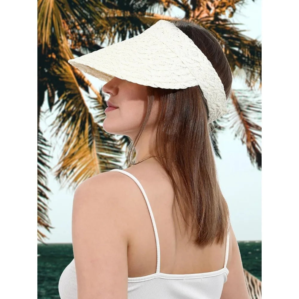 Womens Sun Hat Straw Visor UV Protection Wide Brim Packable TravelCap for Beach