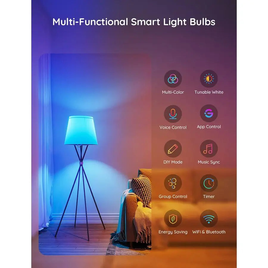 Smart Light Bulbs, WiFi Bluetooth Color Changing Bulbs, Music Sync, 54 Dynamic Scenes, 16 Million DIY Colors RGB Light Bulbs, Wo